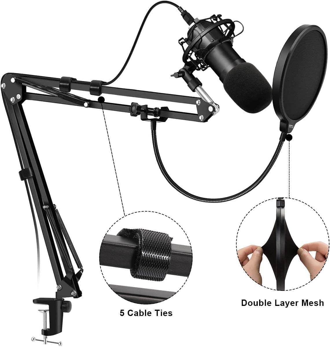 Renfox Bras Micro, Pied De Micro Réglable Professionnel Avec Adaptateur Vis Et Filtre Anti-Pop, Convient Pour Le Studio, La Diffusion, L'Enregistrement, Compatible Avec Les Blue Yeti Perche Micro