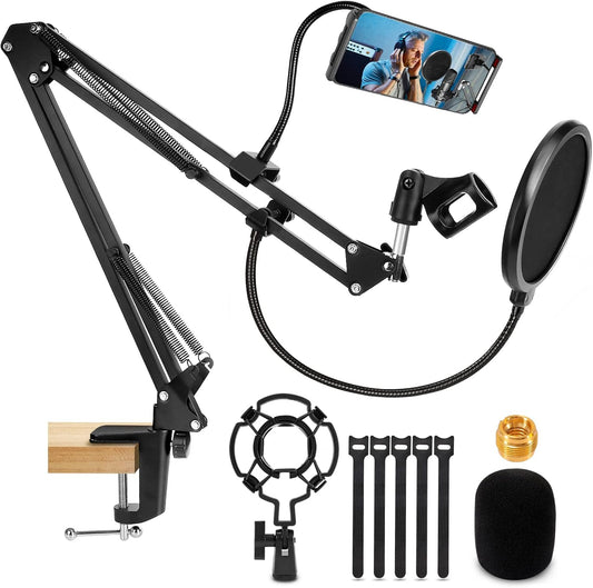 Renfox Bras Micro, Pied De Micro Réglable Professionnel Avec Adaptateur Vis Et Filtre Anti-Pop, Convient Pour Le Studio, La Diffusion, L'Enregistrement, Compatible Avec Les Blue Yeti Perche Micro