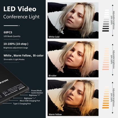 Lumière Téléphone Pour Selfie LED Avec Clip, 60 LED De Haute Puissance, Batterie Rechargeable De 2000Mah, CRI95+, 3 Modes D'Éclairage, Lampe Vidéo À Pince Portable Pour Appels via Zoom, Tiktok